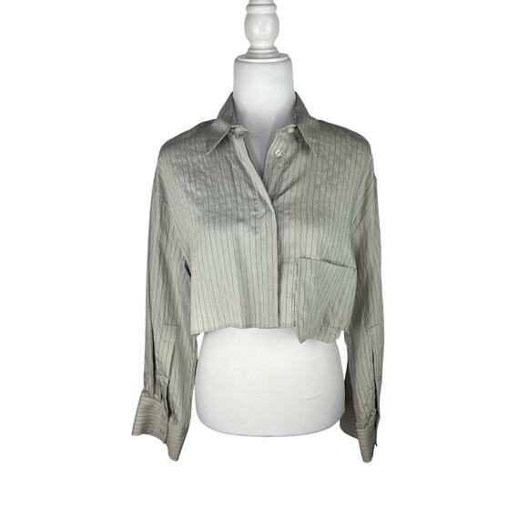 Zara Long Sleeve Cropped Gray Striped Shirt Small NWT - Picture 1 of 7